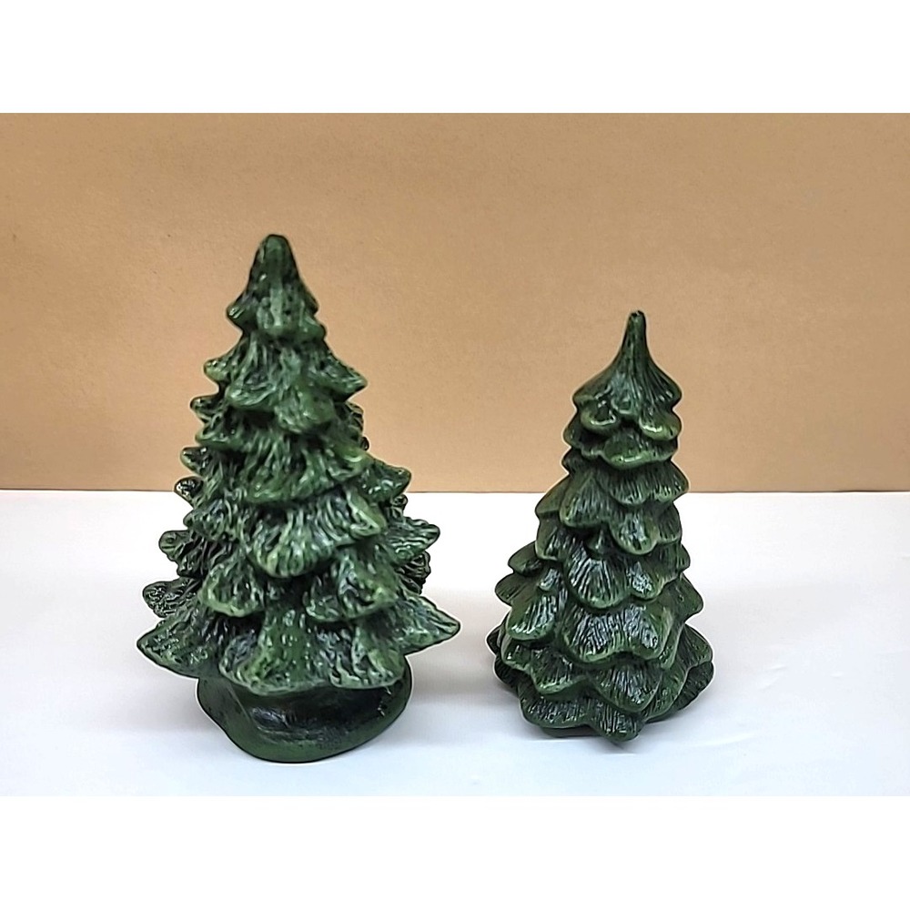 2 Ceramic Evergreen Trees Hand Painted Christmas Village Holiday Decor 4"&4.6"H